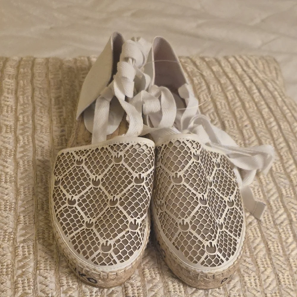 Pinko White Lace Espadrille with Jute Logo Sole and Ankle Ribbon